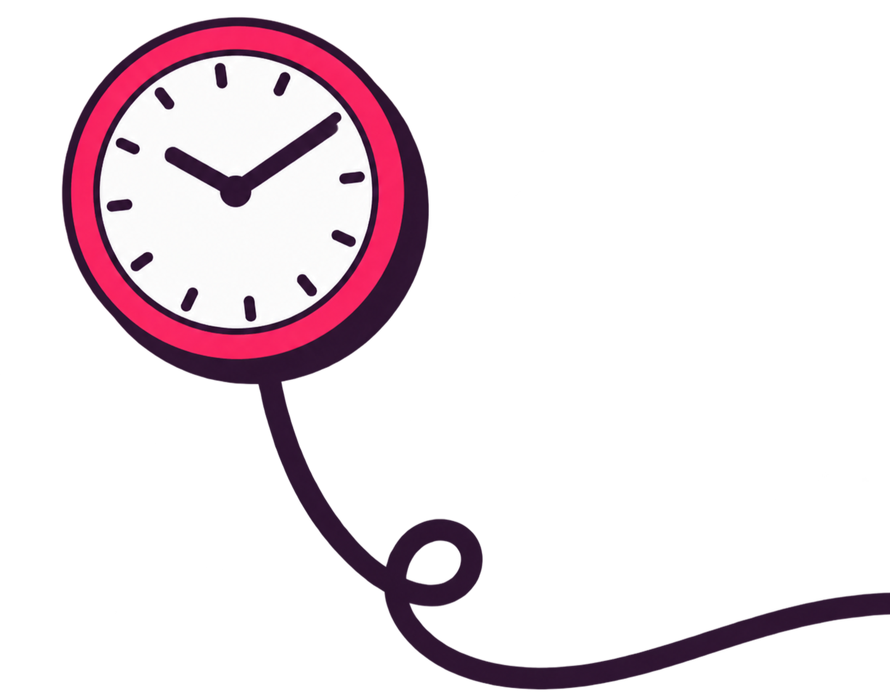 A clock with a pink border showing the time as 10:10, with a purple wire or line extending from the bottom of the clock.