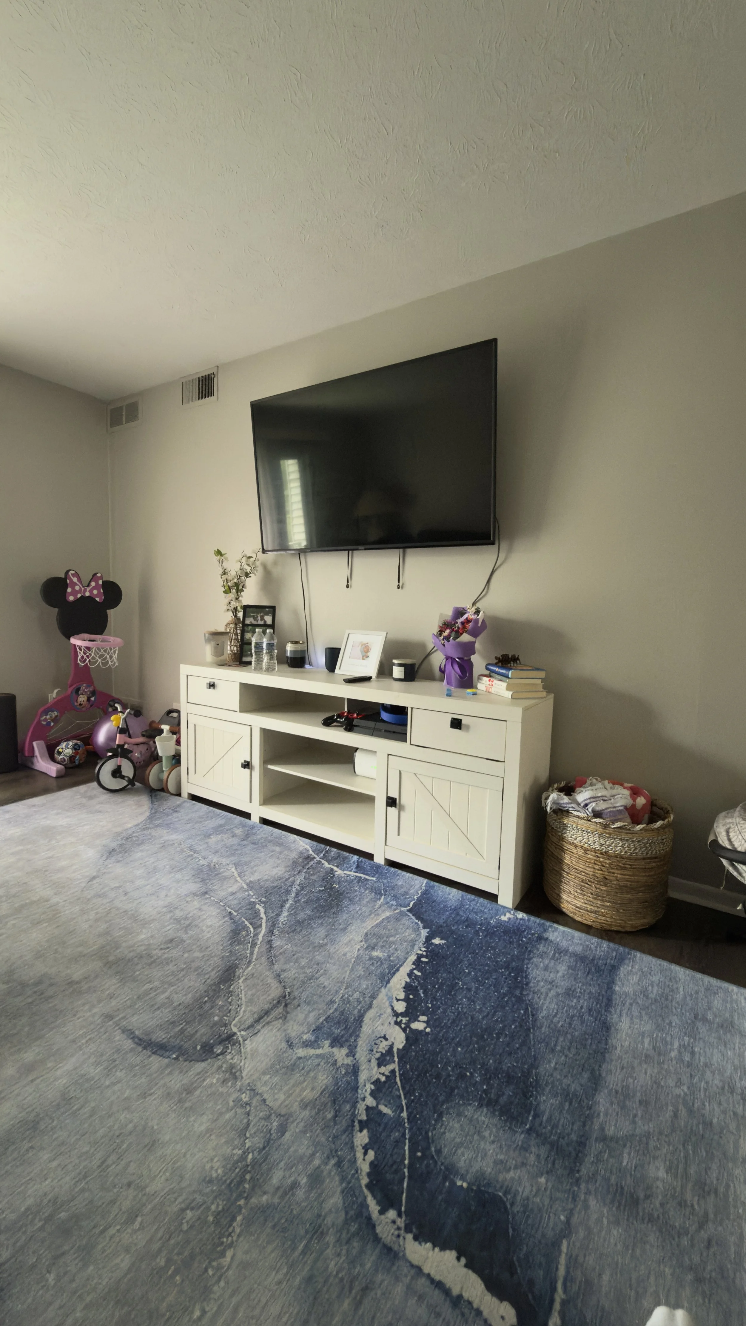 Wall-mounted flat-screen TV installed in a residential living room.