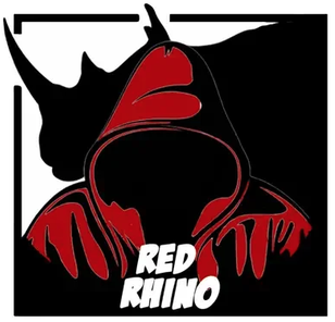 A stylized illustration of a red rhinoceros with a hoodie, the words 'Red Rhino' beneath it
