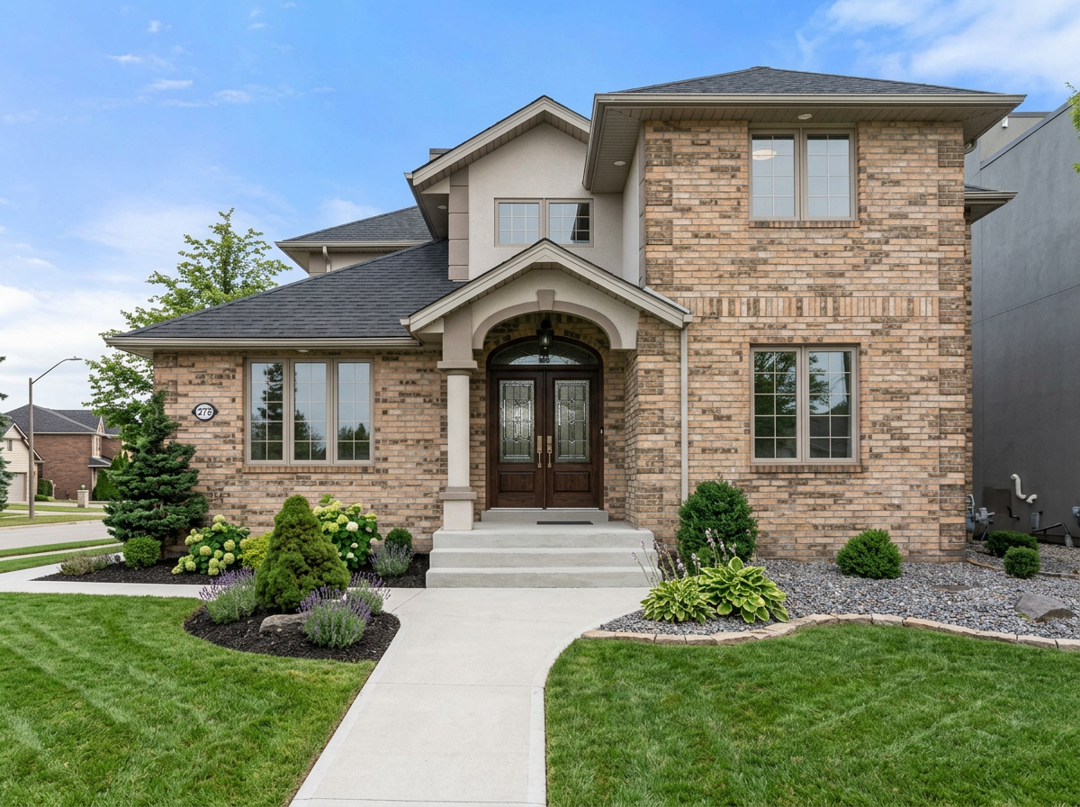 Front view of a two-story brick house with a dark front door and small porch, surrounded by a well-maintained lawn and landscaped garden with shrubs and flowers.