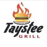 Logo of TayStee Grill featuring a burger with flames above it
