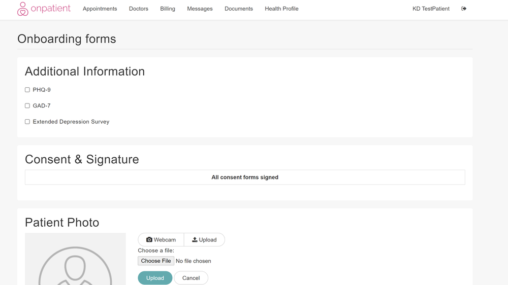 Screenshot of an online onboarding form on a medical website, including sections for additional information, consent and signature, and uploading a patient photo.