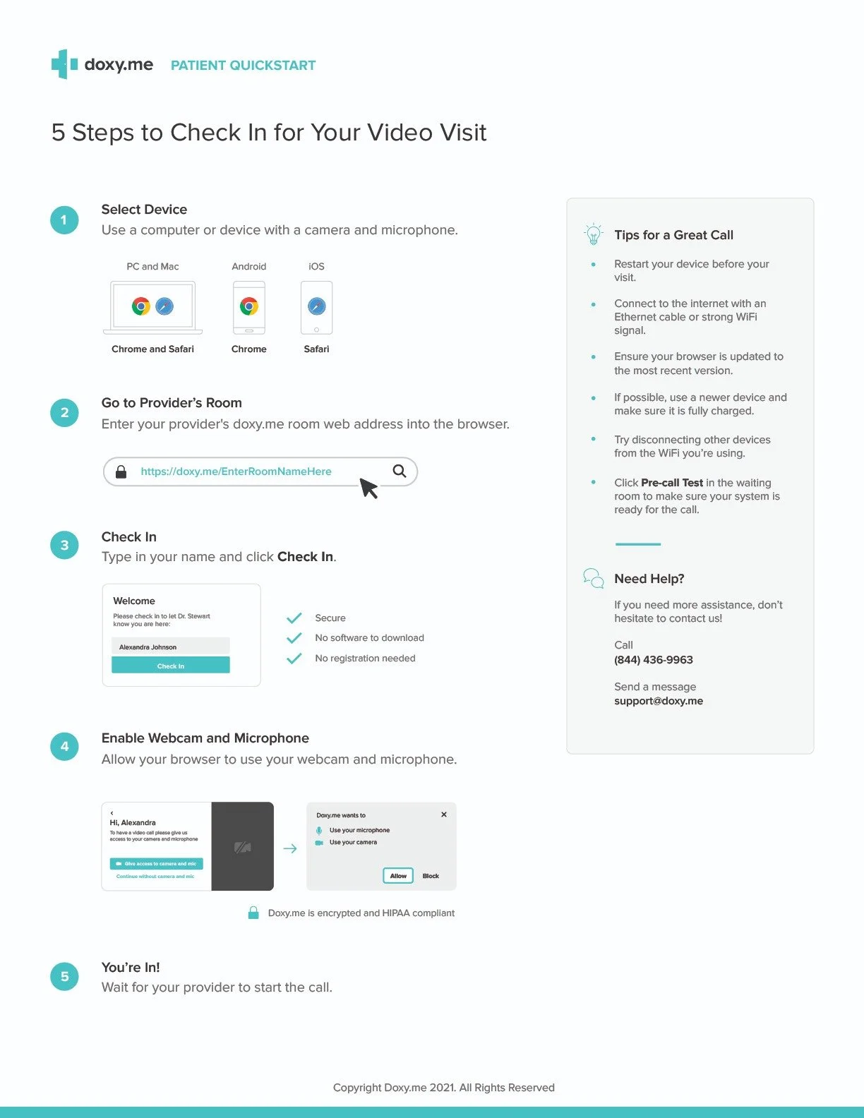 Guide for checking in for a video call on Doxy.me, including steps to select device, go to provider's room, check-in, enable webcam and microphone, and wait for the provider, with tips and help contact information.
