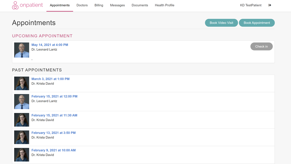 Screenshot of an online patient portal displaying upcoming and past medical appointments with a healthcare provider. Options to book appointments or video visits are visible.