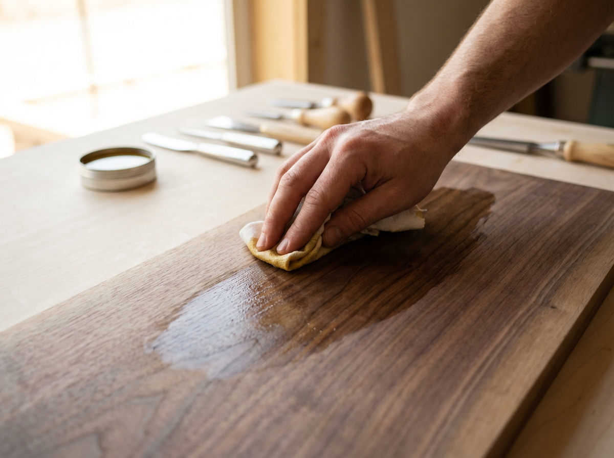 Person wiping a wooden surface with a cloth, with woodworking tools in the background.