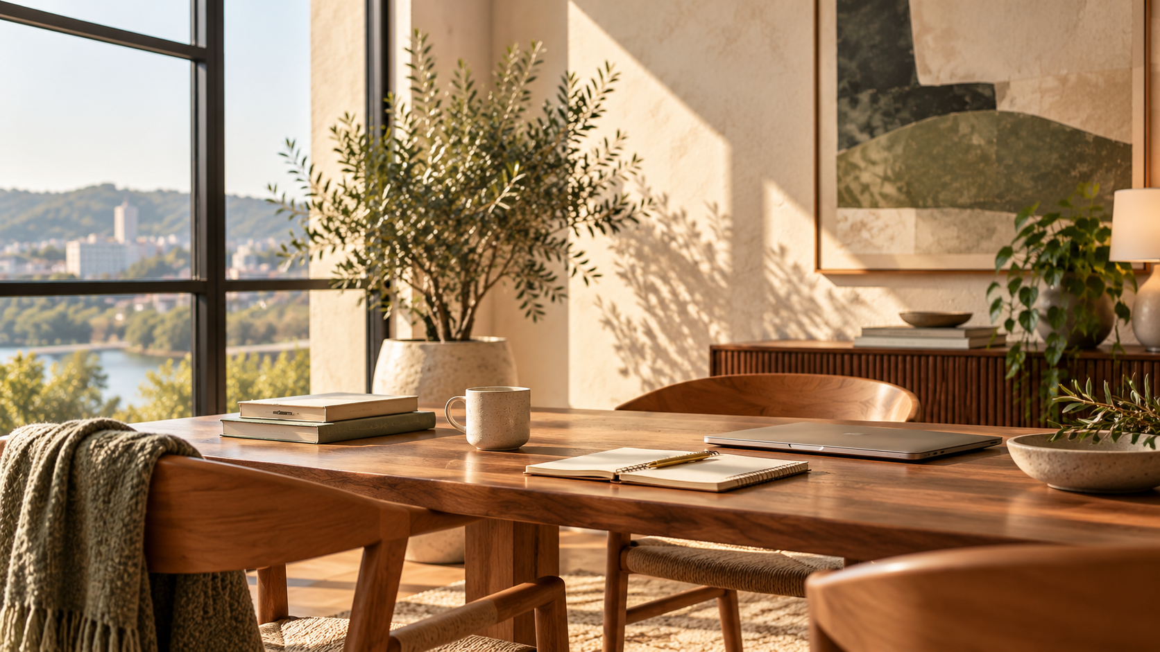 Warm, sunlit workspace with a walnut table, notebook, laptop, and greenery, reflecting a thoughtful setting for leadership strategy and consulting.