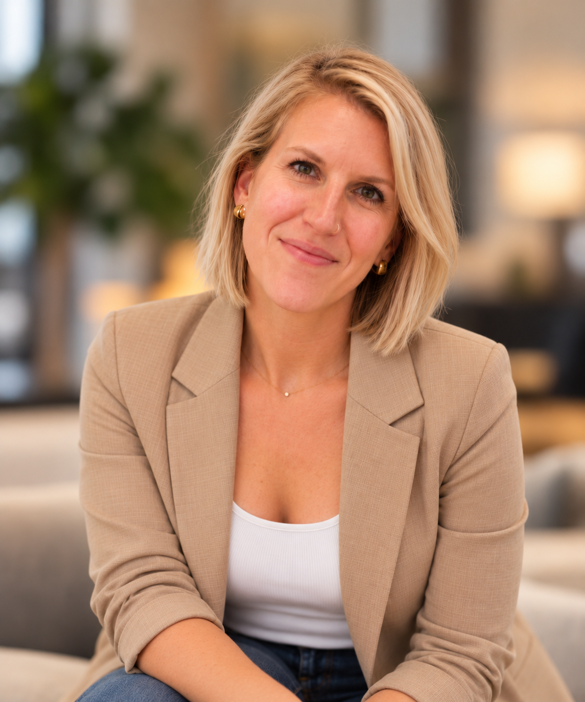 Megan Sicheri, leadership strategist and coach, smiling warmly in a tan blazer, seated in a softly lit, welcoming space.