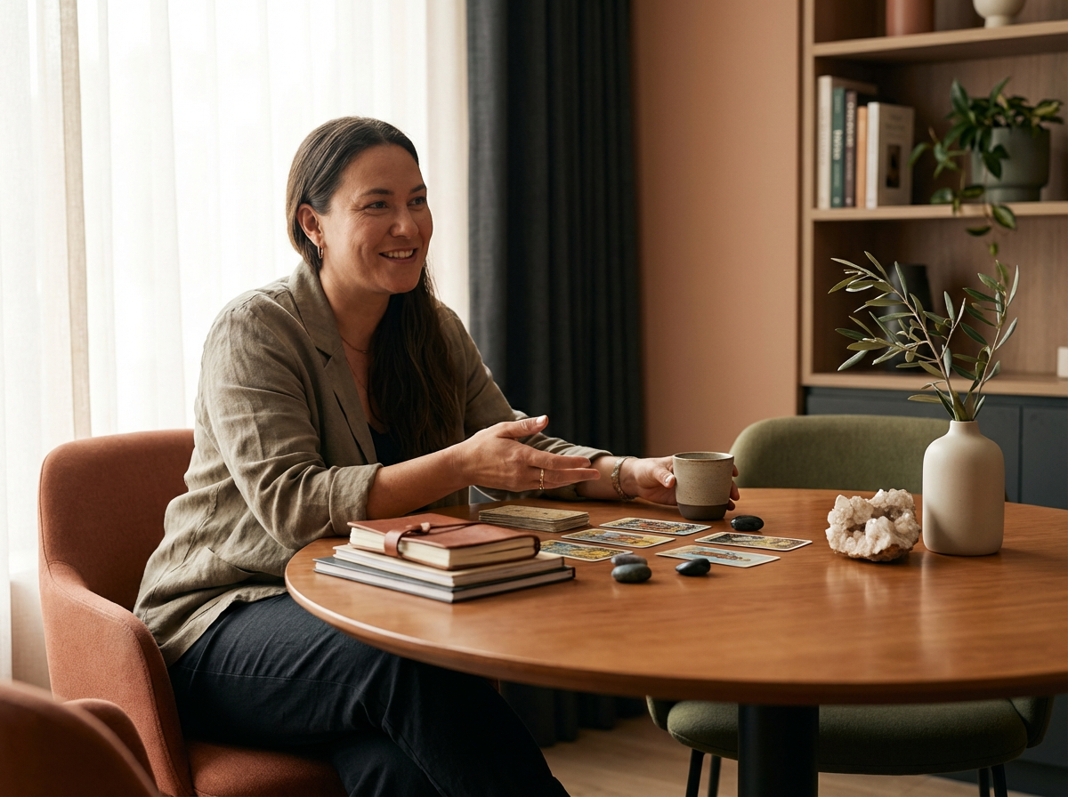 A woman sitting at a round wooden table, smiling and engaging in a tarot card reading, with tarot cards laid out on the table, surrounded by notebooks, rocks, and a plant in a white vase.