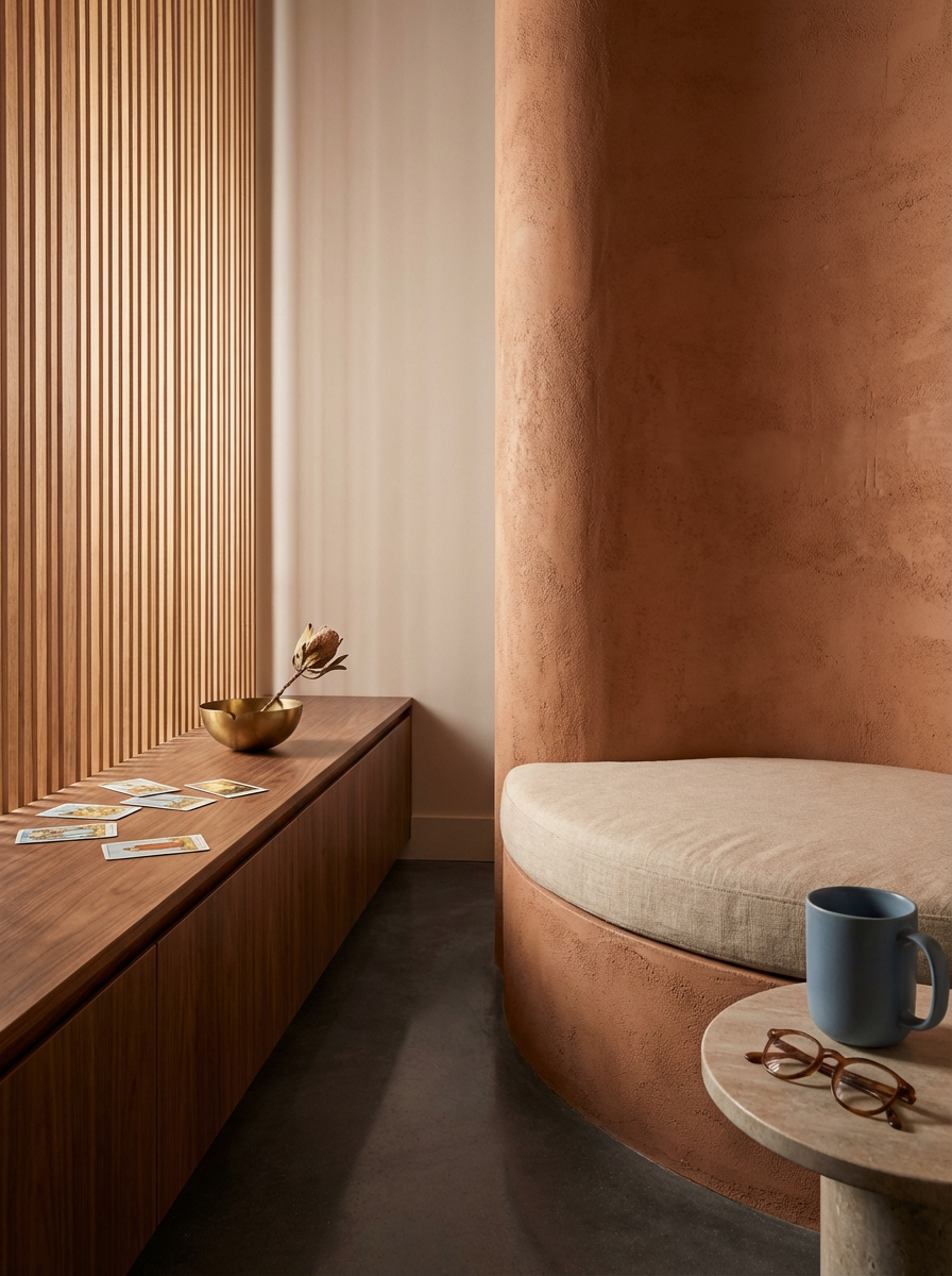 A cozy corner with a curved built-in banquette with beige cushions, a small round table with a blue mug and glasses, a wooden sideboard with tarot cards and a decorative bowl with dried flowers, and warm textured walls.