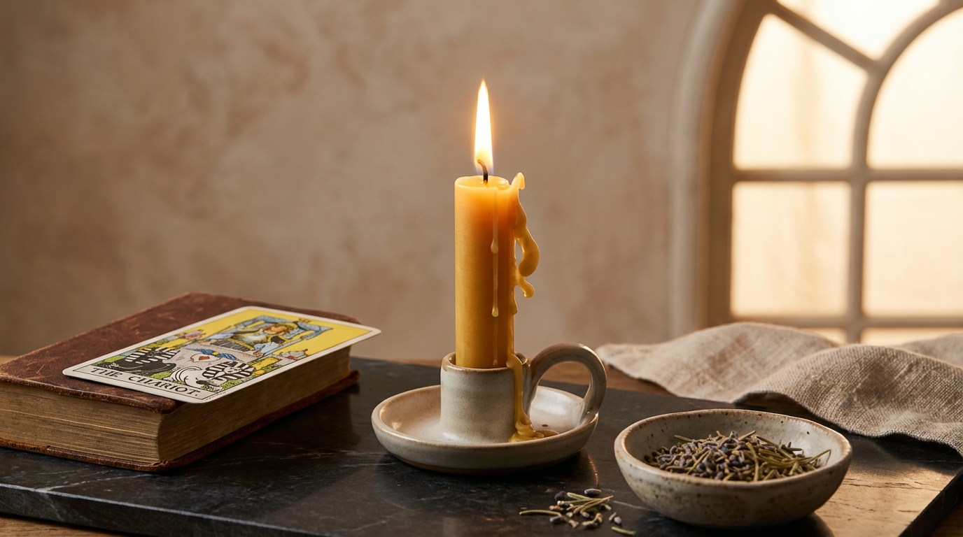 A lit candle melting in a ceramic holder on a dark tabletop, with a tarot card, a book, a bowl of dried herbs or lavender, and a cloth nearby, against a wall and window background.