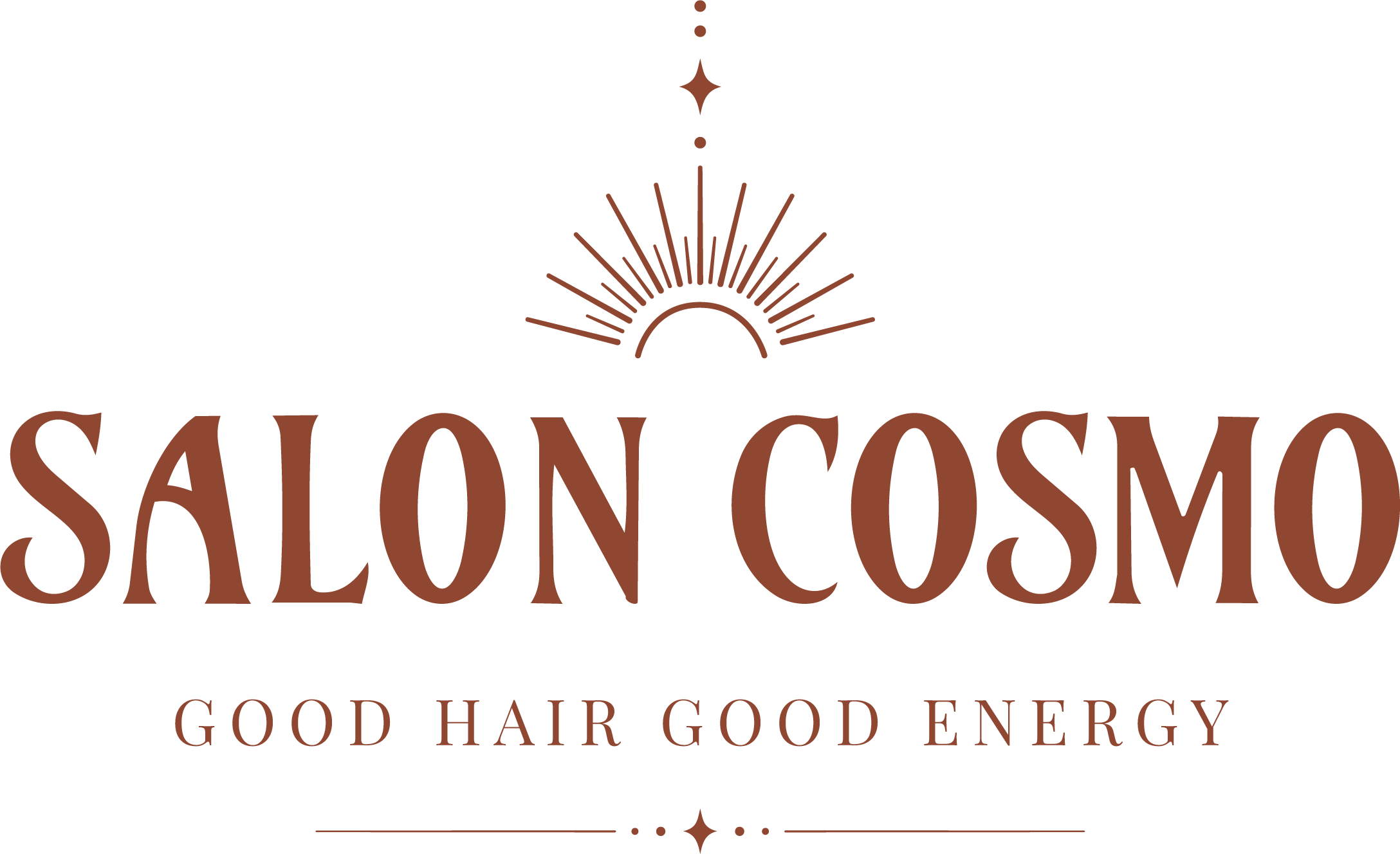 Logo for Salon Cosmo with a starburst design above the text. The slogan below reads "Good Hair Good Energy."