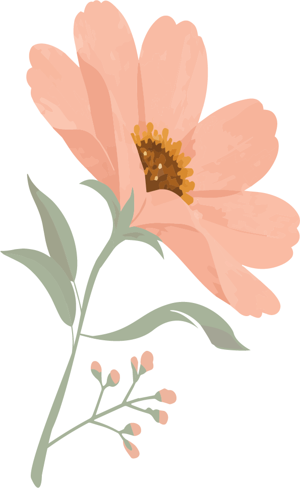 A digital illustration of a pink flower with green leaves and small buds on a black background.
