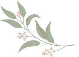 A delicate illustration of a leafy branch with small pink flowers.