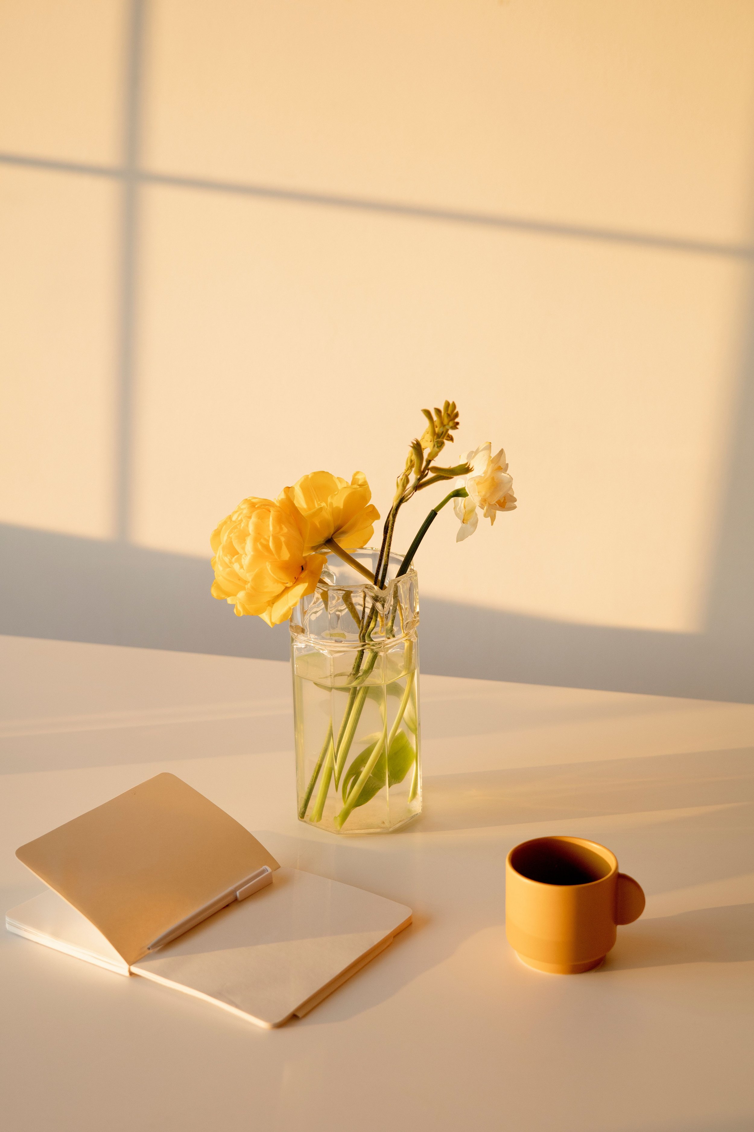 A clear glass vase with yellow and white flowers, some in bloom, on a white surface with sunlight creating shadows on the beige wall behind.