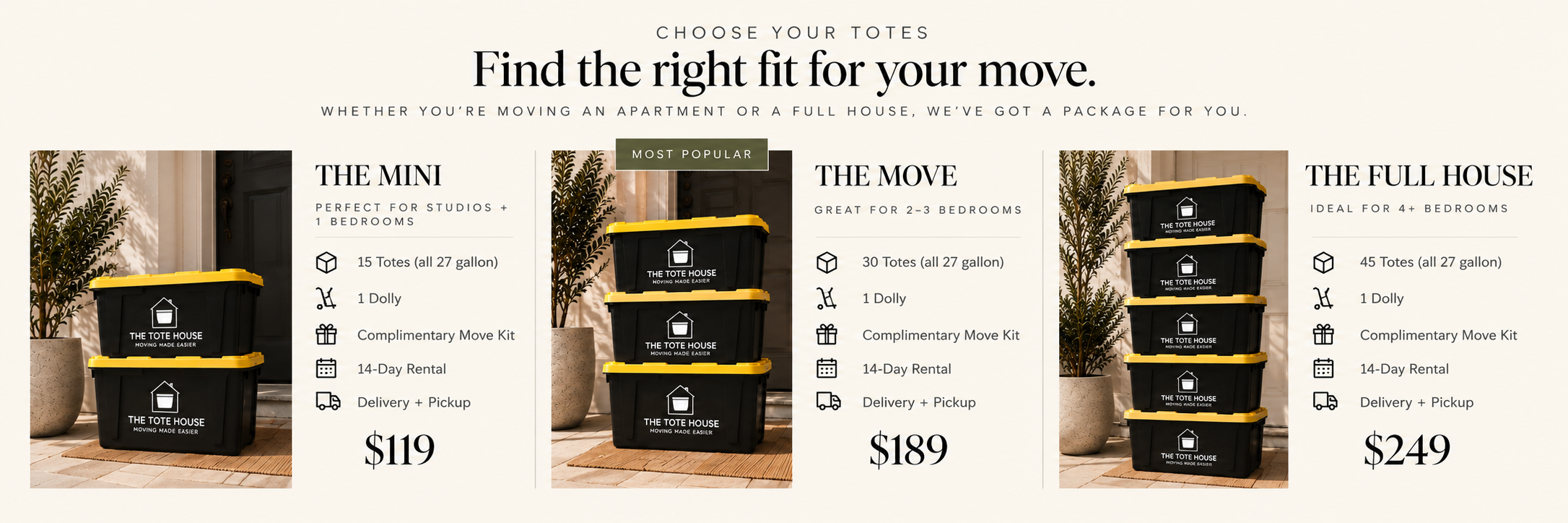 The Tote House reusable moving tote rental packages with options for apartment, home and full-house moves.