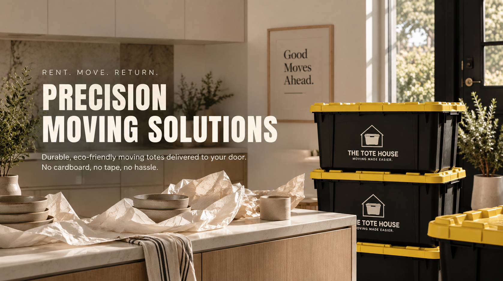 Kitchen scene with stacked black and yellow moving totes labeled 'The Tote House', crumpled paper, ceramic bowls, potted plants, and a window with sunlight, with overlay text about precision moving solutions.