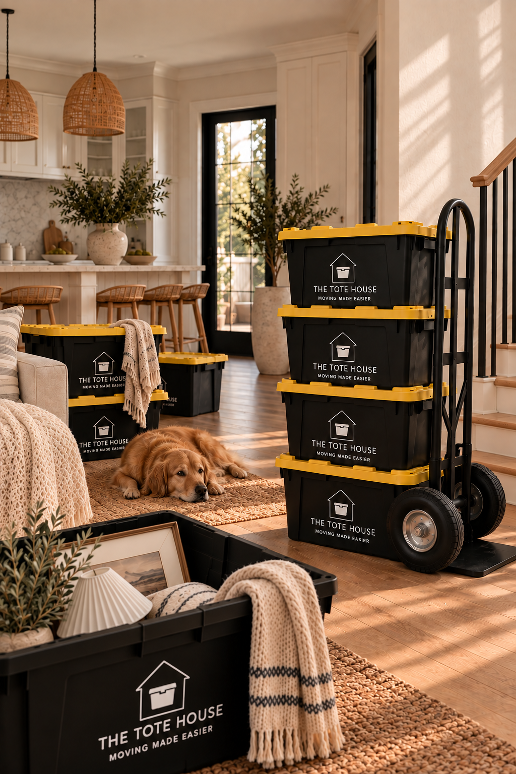 The Tote House reusable moving totes stacked in a warm modern home, ready for an easy, organized move.