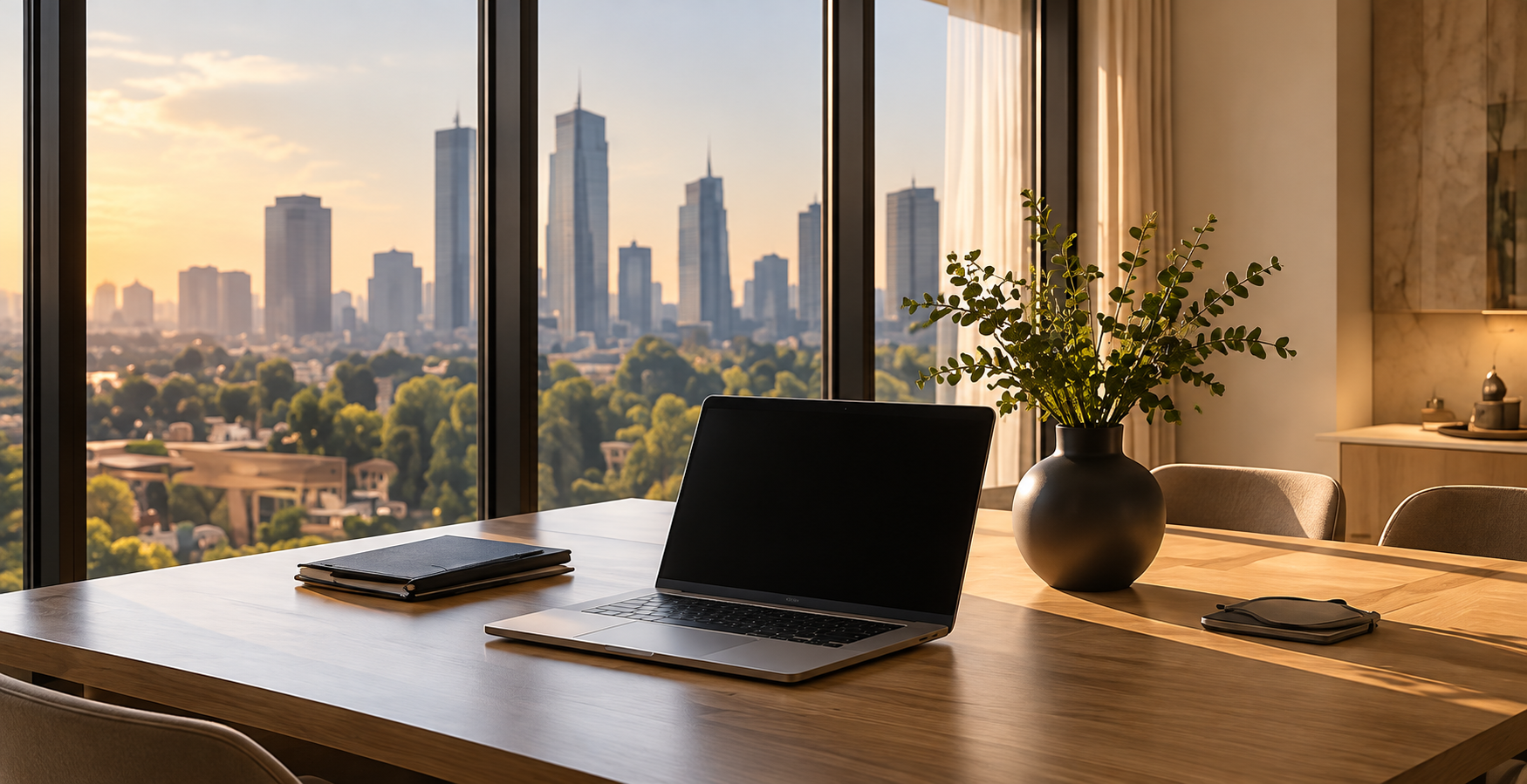 Oficina moderna con vista a la ciudad, mesa de madera con una computadora portátil, un cuaderno, una pantalla negra y una planta en un jarrón negro.