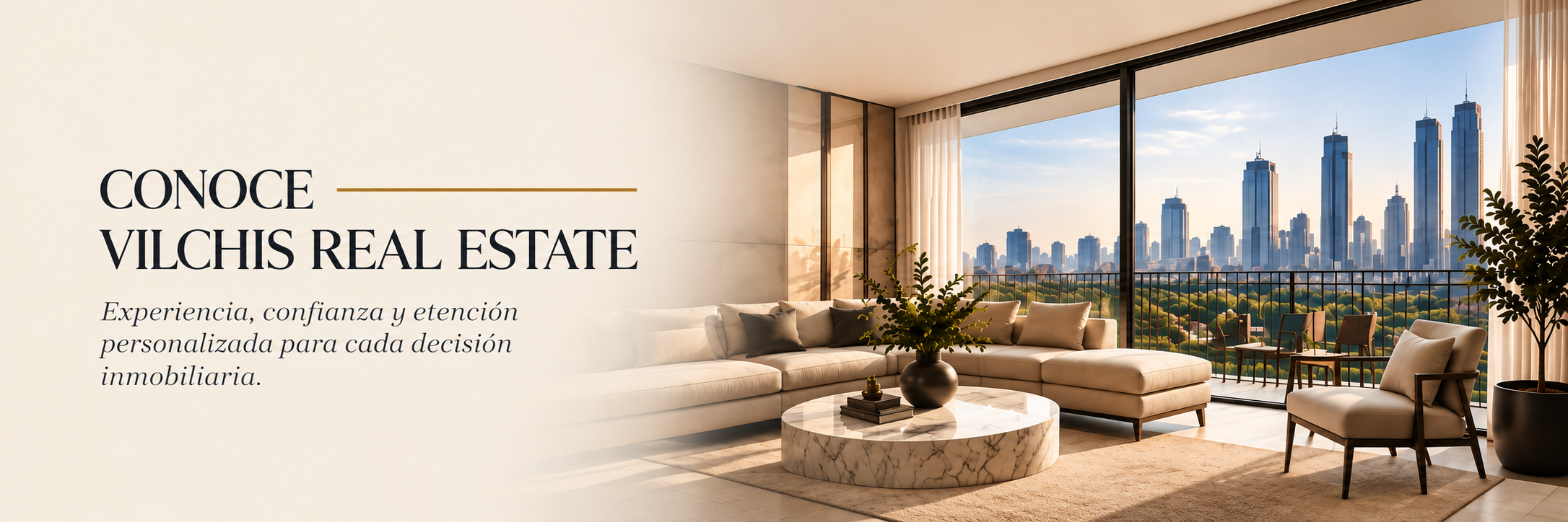Salón moderno con sofá beige, mesa de mármol y vista a la ciudad desde un balcón