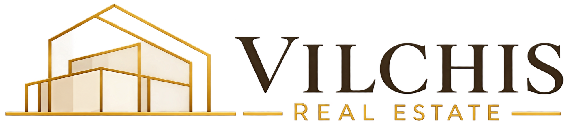 Logo de Vilchis Real Estate con una ilustración de edificio y texto en español.