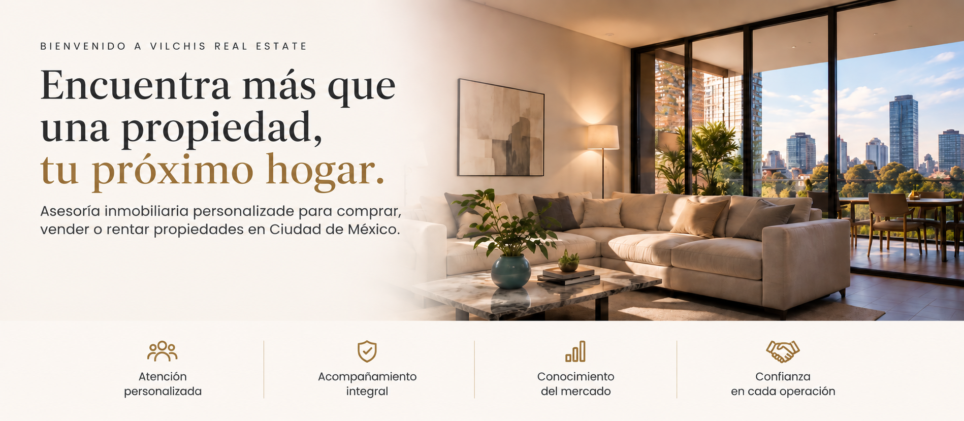 Página web de Vilchis Real Estate mostrando un apartamento con vista a la ciudad, sala de estar moderna con sofá beige, plantas y ventanas grandes.