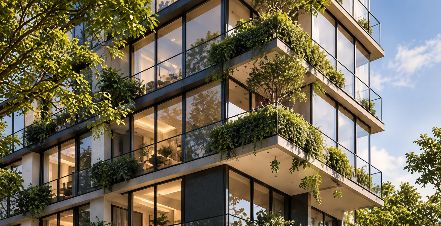 Edificio moderno con muchas plantas en los balcones y paredes de cristal, rodeado de árboles verdes, bajo un cielo azul.
