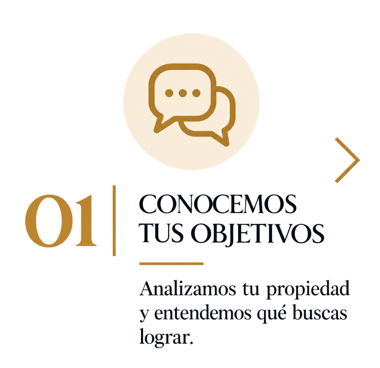 Gráfico con texto en español que dice 'Conocemos tus objetivos', con ícono de burbujas de diálogo y una flecha que apunta a la derecha, fondo negro y colores en dorado y rojo.