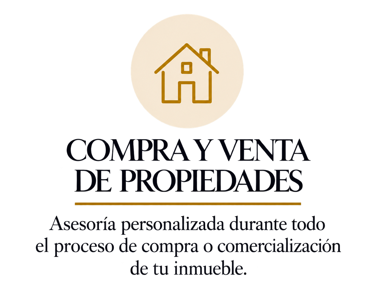 Logo de compra y venta de propiedades con un icono de una casa y texto en español que dice 'Compra y Venta de Propiedades' y una descripción adicional que menciona asesoría personalizada durante el proceso de compra o comercialización de un inmueble.