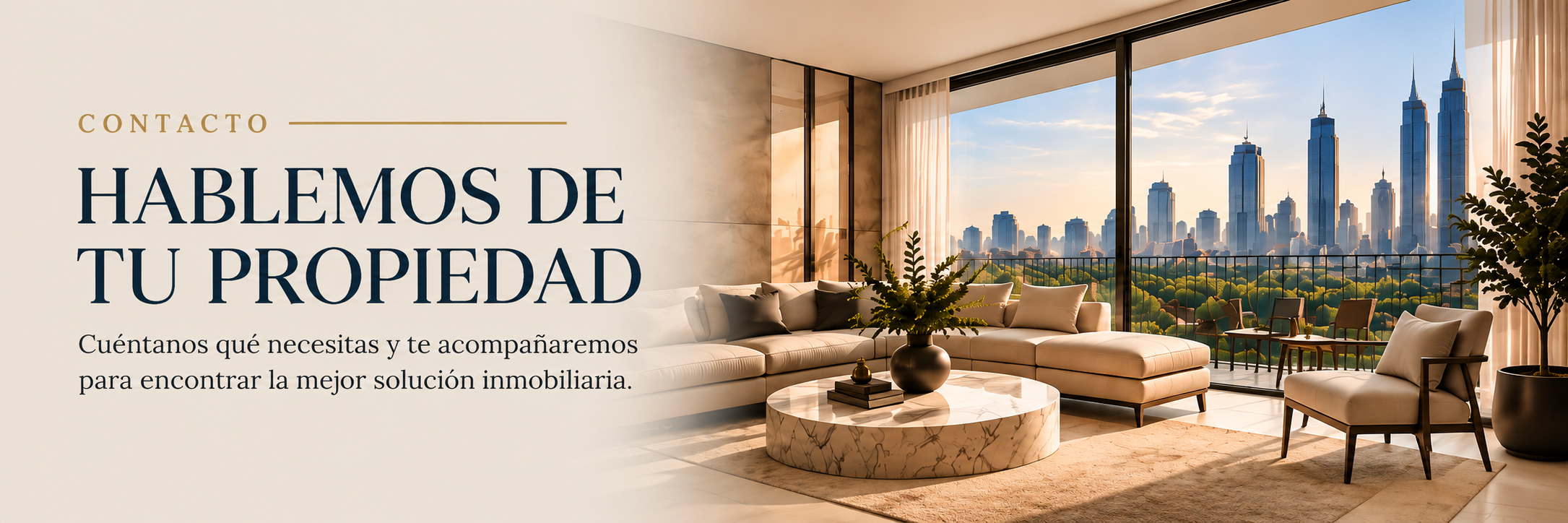 Salón moderno con vista a rascacielos y parque, sofá beige, mesa de centro de mármol y plantas decorativas.