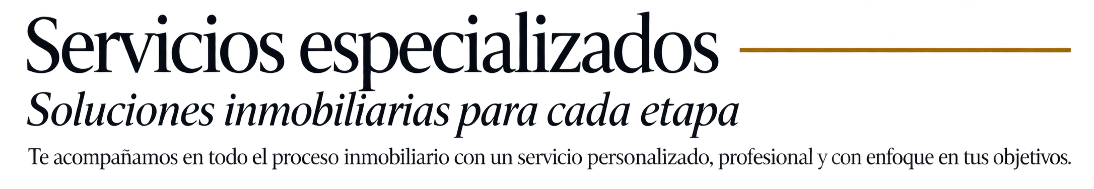 Texto en la imagen que dice: Servicios especializados. Soluciones inmobiliarias para cada etapa. Te acompañamos en todo el proceso inmobiliario con un servicio personalizado, profesional y con enfoque en tus objetivos.