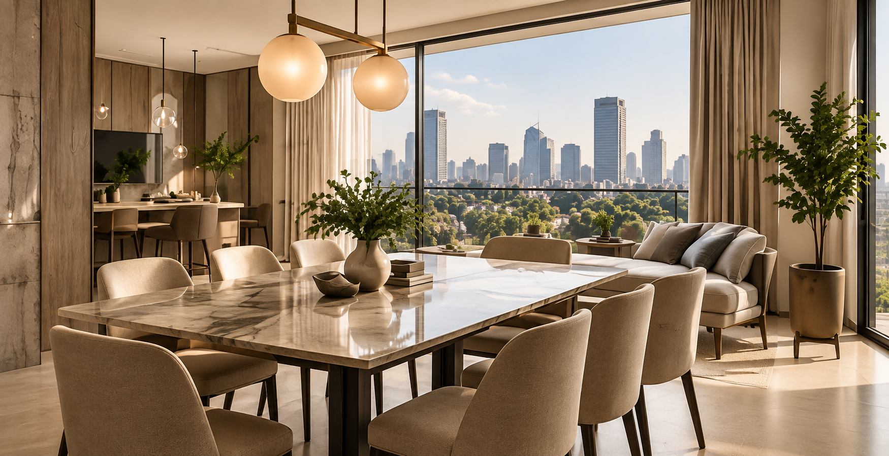 Interior de comedor con mesa de mármol, sillas beige, plantas decorativas, sofá junto a ventanas grandes con vista a la ciudad.