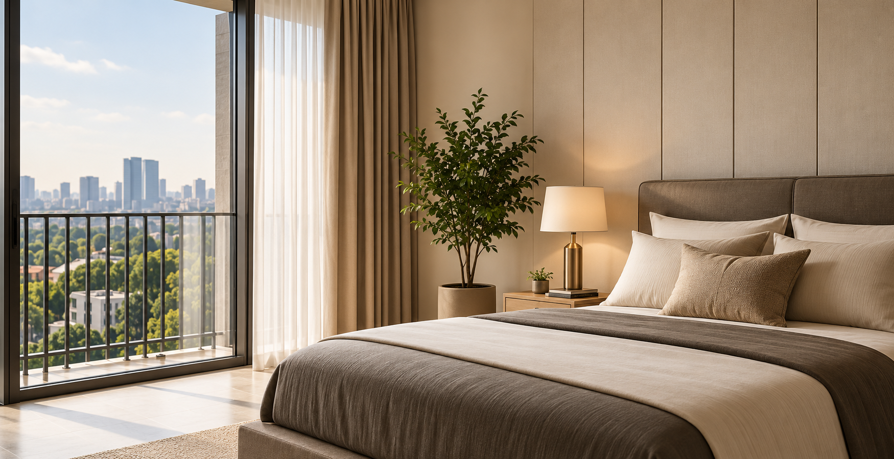Habitación elegante con cama grande, almohadas de tonos neutros, lámpara de mesa dorada, planta en maceta grande junto a la ventana, vistas de rascacielos y áreas verdes, cortinas beige y paredes decoradas en tonos claros.