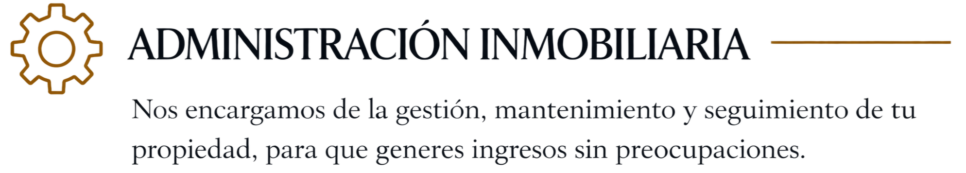 Logo de administración inmobiliaria con engranajes en color rojo y naranja, acompañado de texto en español sobre gestión, mantenimiento y seguimiento de propiedades.