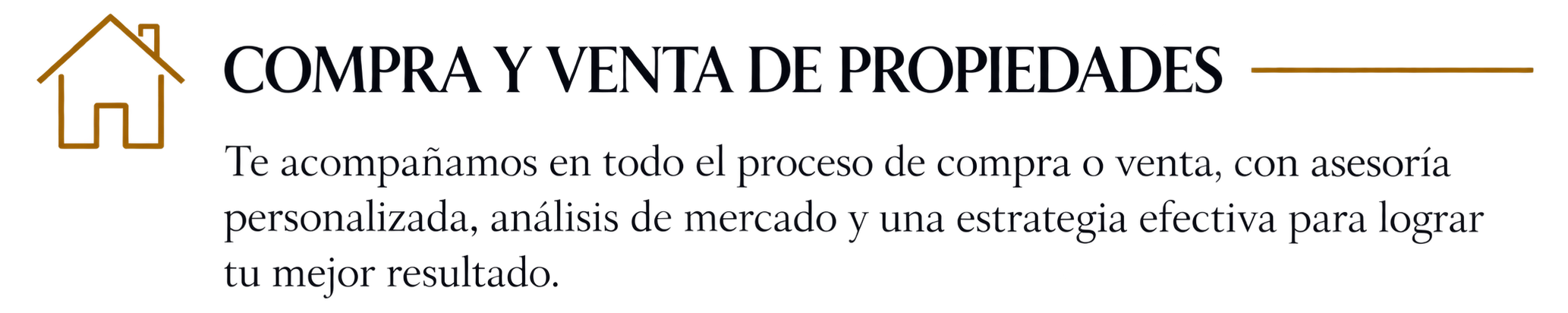 Logo de una casa simple en línea con texto que dice: 'Compra y venta de propiedades' y descripción adicional en fondo oscuro.