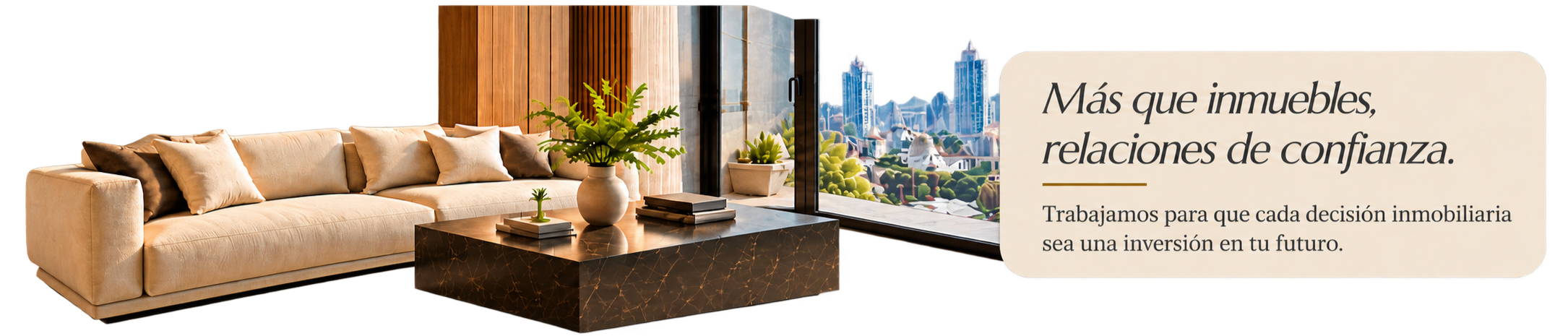 Salón moderno con sofá beige, mesa de mármol oscuro, plantas decorativas y vista de rascacielos en ventana grande. Texto promocional sobre bienes raíces y confianza.
