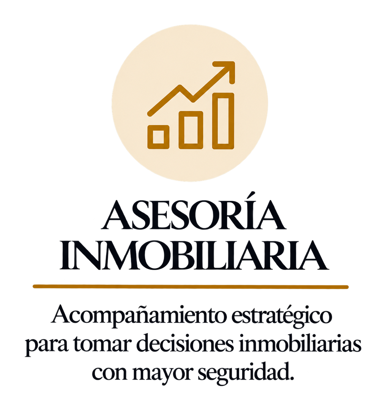 Icono de gráfico con flecha ascendente, sobre fondo beige. Texto en español: 'Asesoría Inmobiliaria, Acompañamiento estratégico, para tomar decisiones inmobiliarias con mayor seguridad.'