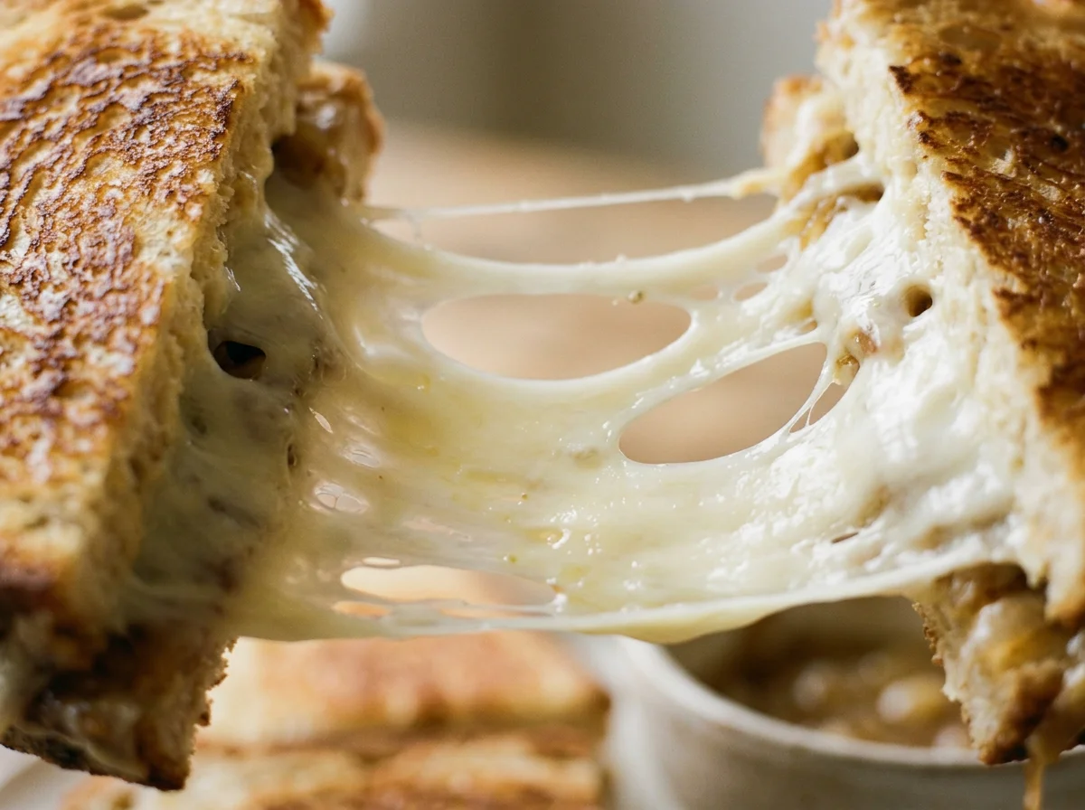 Close-up of a cheesy grilled cheese sandwich being pulled apart, stretchy melted cheese amid toasted bread. Homemade soups.