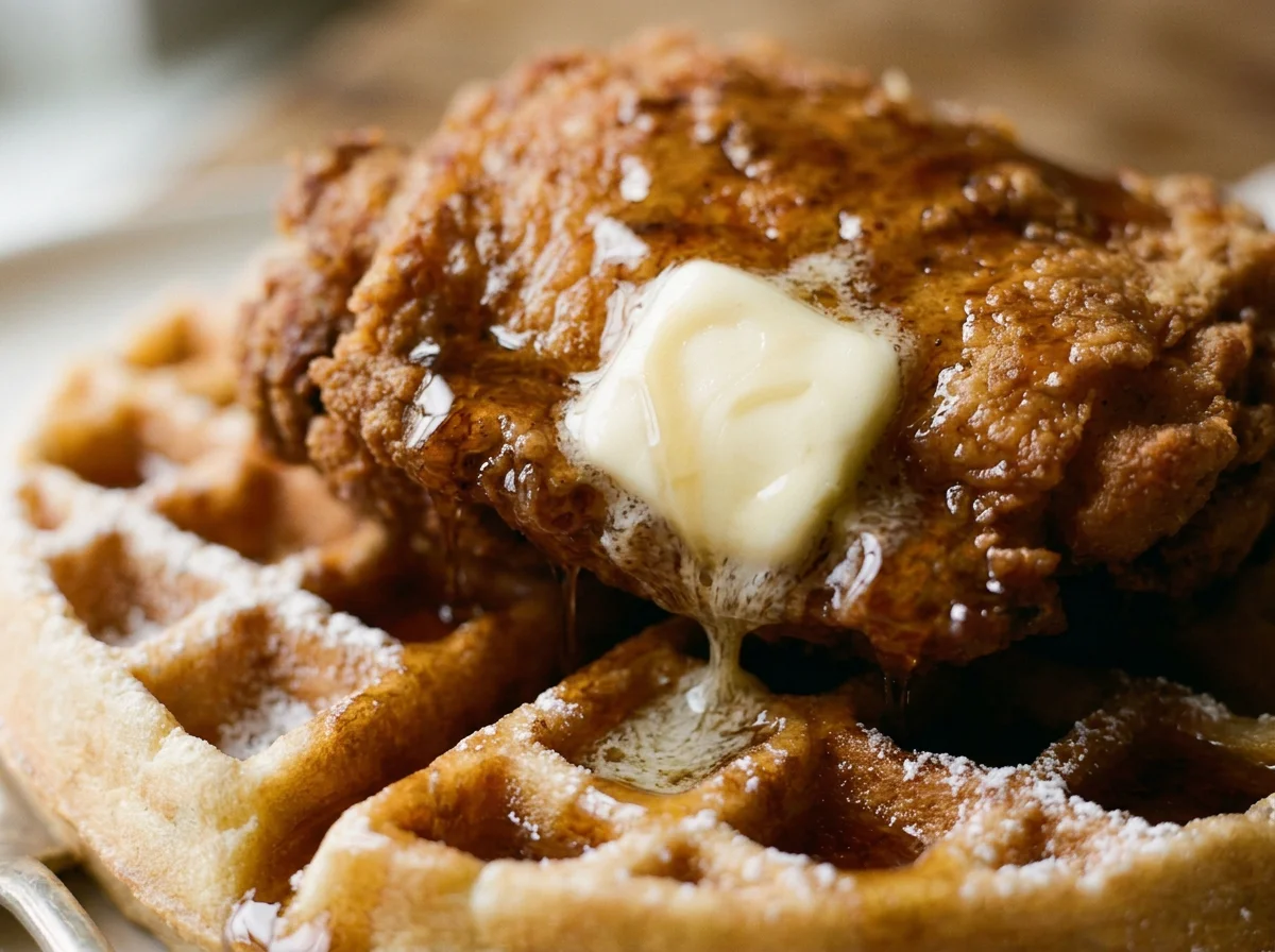 A golden-brown waffle topped with a fried chicken drumstick, melting butter, and drizzled with syrup.