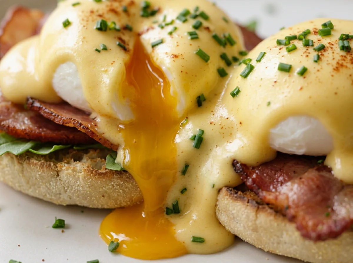 Close-up of eggs Benedict with poached eggs, ham, hollandaise sauce, chopped chives, on an English muffin.