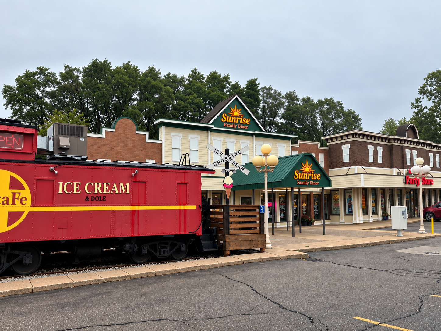 A street scene featuring a red ice cream shop train with the sign 'Ice Cream & Dole,' and a background of buildings including a Sunrise Family Diner, a party store, and a railroad crossing sign with an ice cream cone decoration, under cloudy skies.