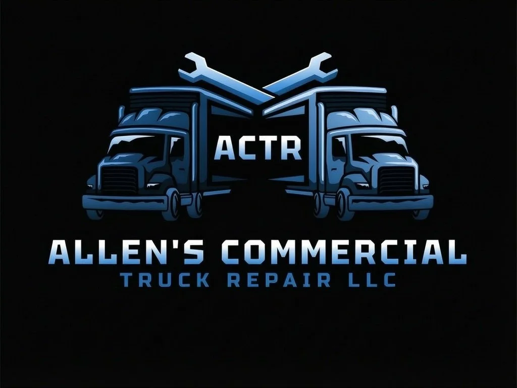 Logo for Allen's Commercial Truck Repair LLC featuring two blue trucks with crossed wrenches above and the name and initials ACTR in the center.
