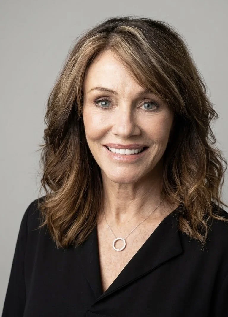A woman with shoulder-length wavy brown hair, blue eyes, and a bright smile, wearing a black blazer and a circular pendant necklace, posing against a plain gray background.