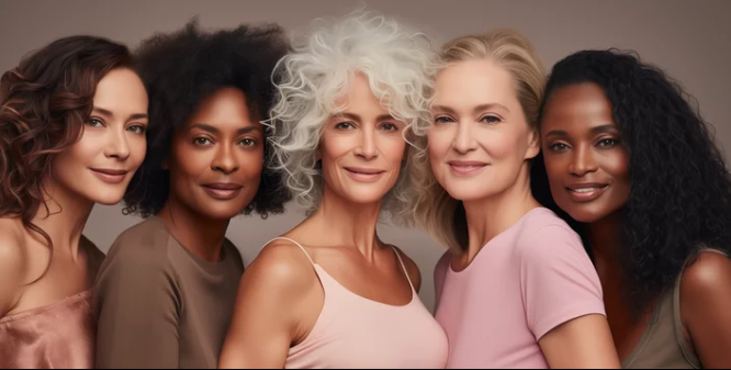 Five women of diverse ages and ethnicities posing together in a close-up portrait.