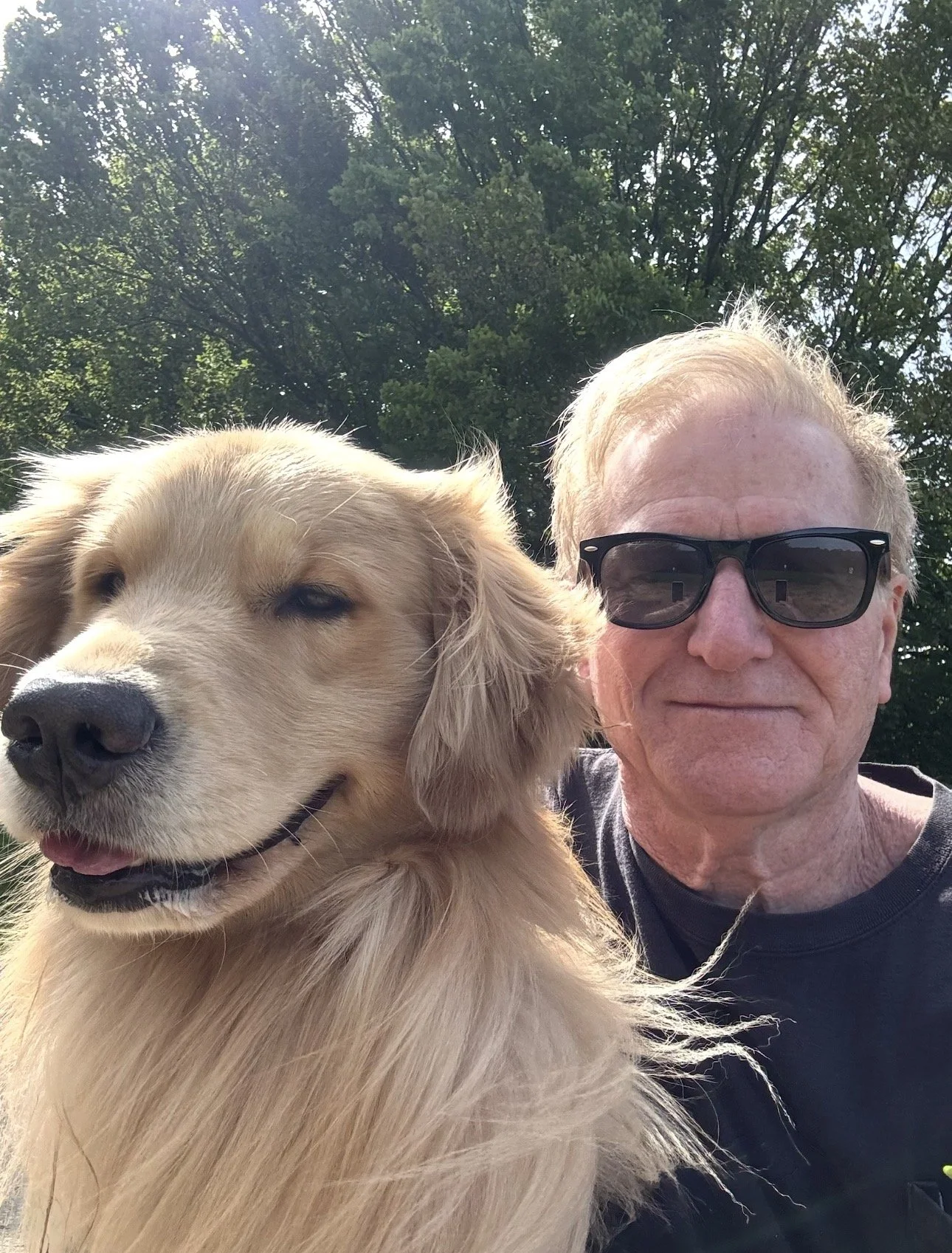 A man wearing sunglasses taking a selfie with a golden retriever outdoors on a sunny day, with trees in the background.