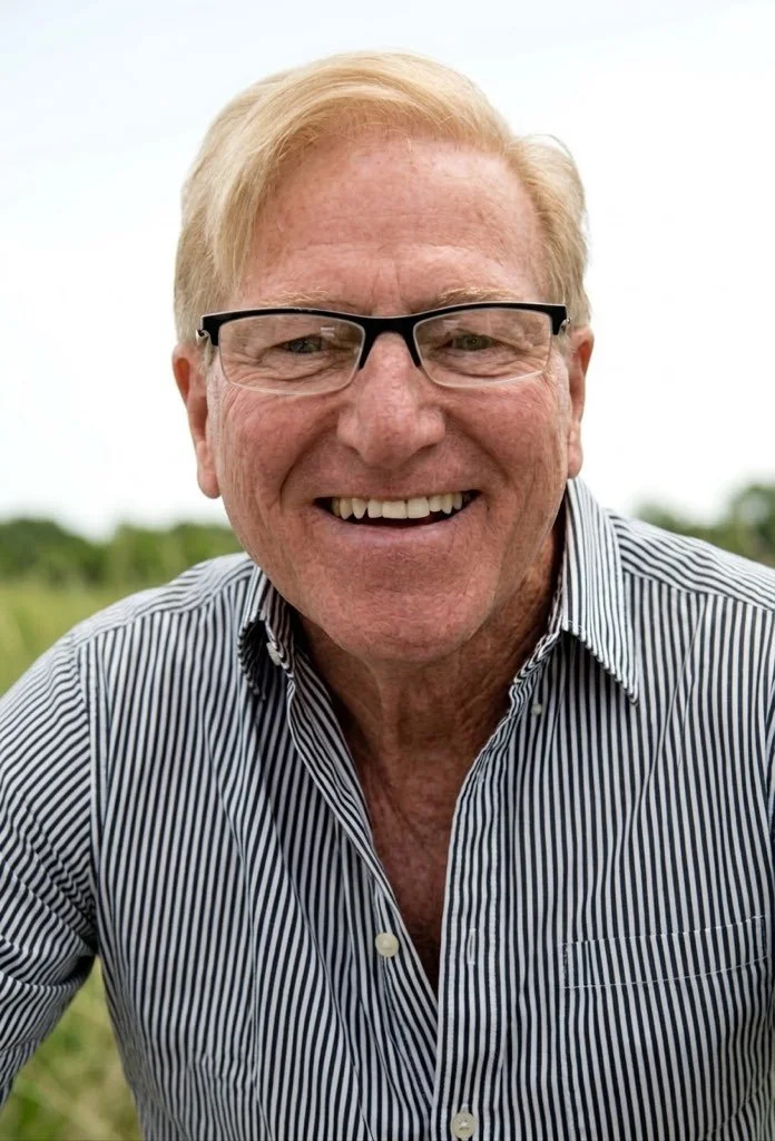 Smiling older man with blonde hair and glasses outdoors, wearing a striped button-up shirt.