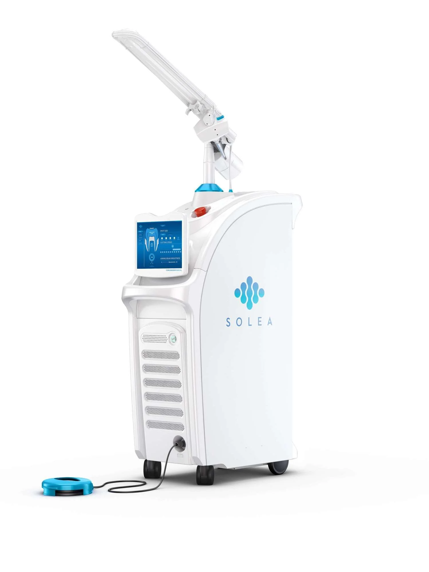 Medical device labeled SOLEA with a blue and white color scheme, featuring a touchscreen display, a long arm with a light source, and a vacuum suction device on the floor connected by a cord.