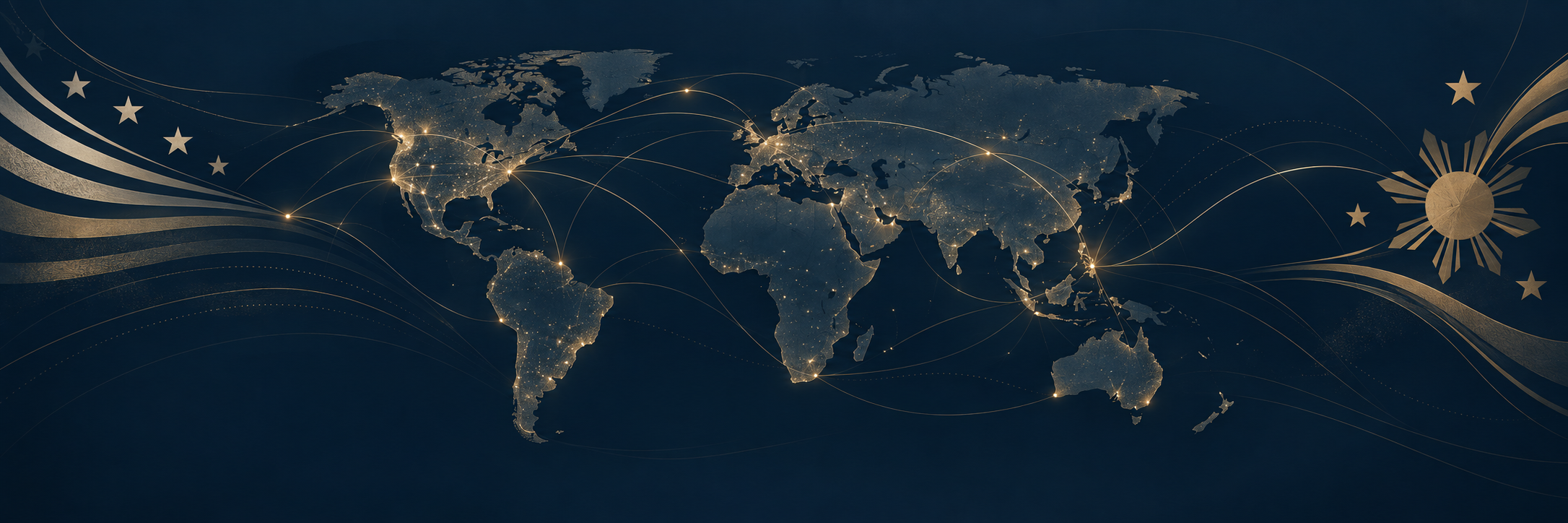 Gold world map with global connection lines and subtle American and Philippine design motifs