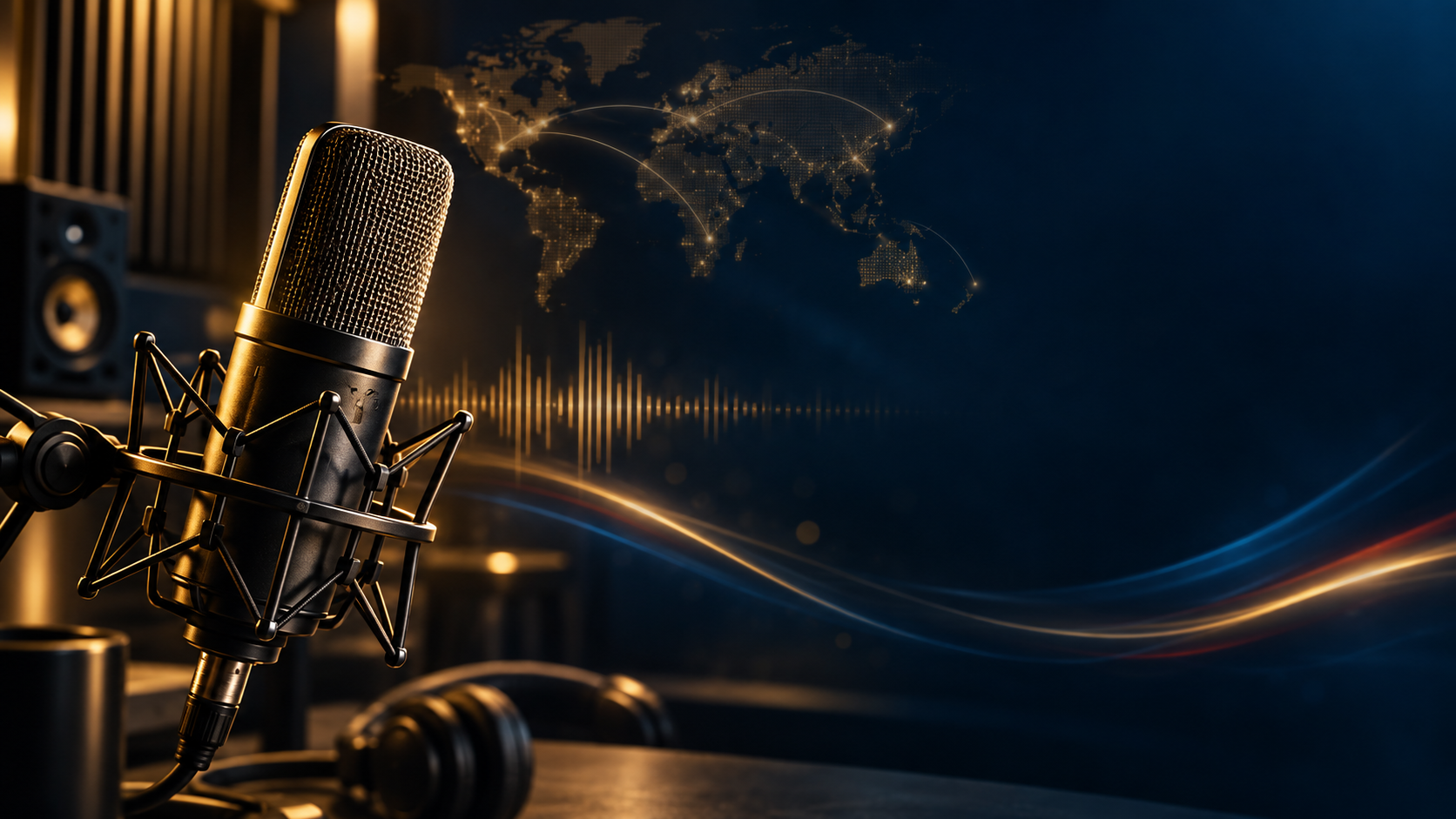 Cinematic broadcast microphone in a navy and gold professional voiceover studio