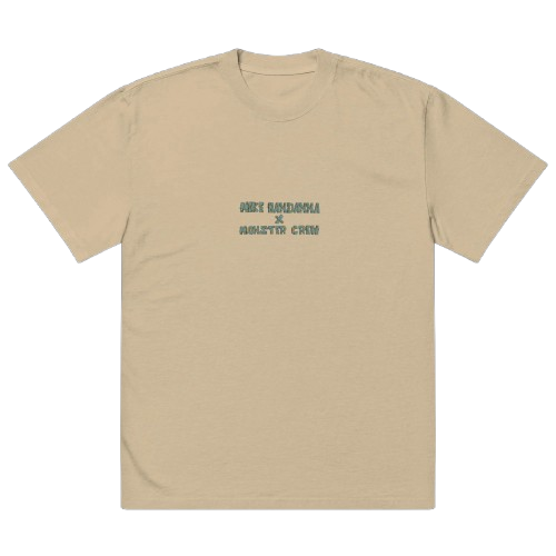 Beige T-shirt with teal text on the front that reads 'MIKE BANDANNA x MONSTER CREW'.