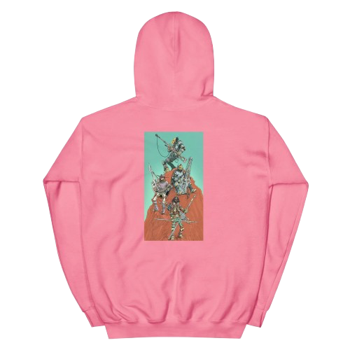 Pink hoodie with a graphic of three armored warriors on the back, standing on rocky terrain, with an aquamarine background.